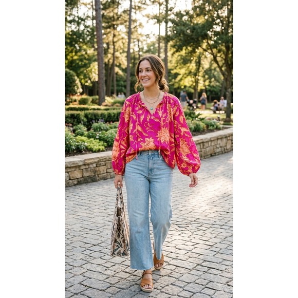 Calligraphie Tops - Calligraphie Pink Orange Floral Cotton Peasant Blouse Long Sleeve Tie Neck M
